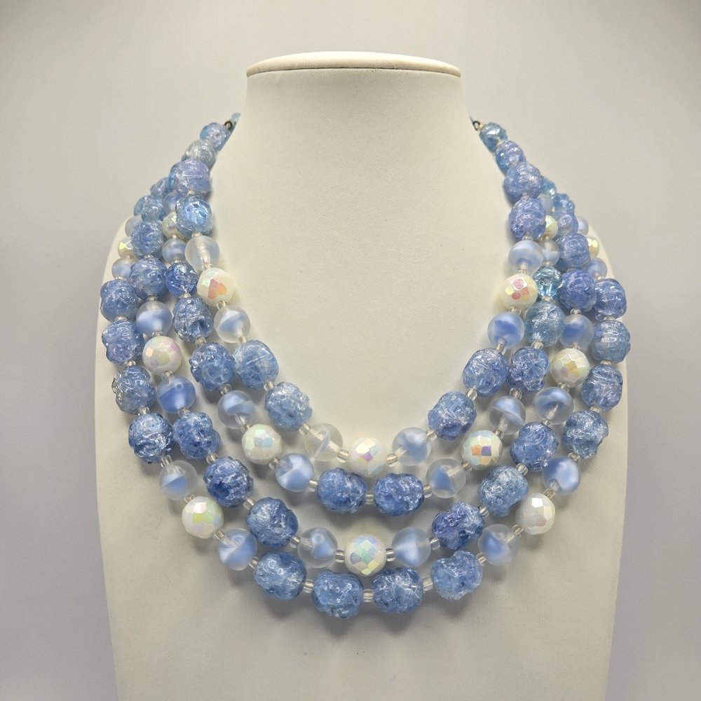 West Germany Beaded Necklace Givre Frosted Milk Glass Aurora Borealis AB Vintage